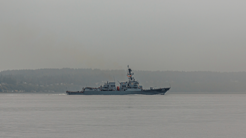 us navy battleship in fog