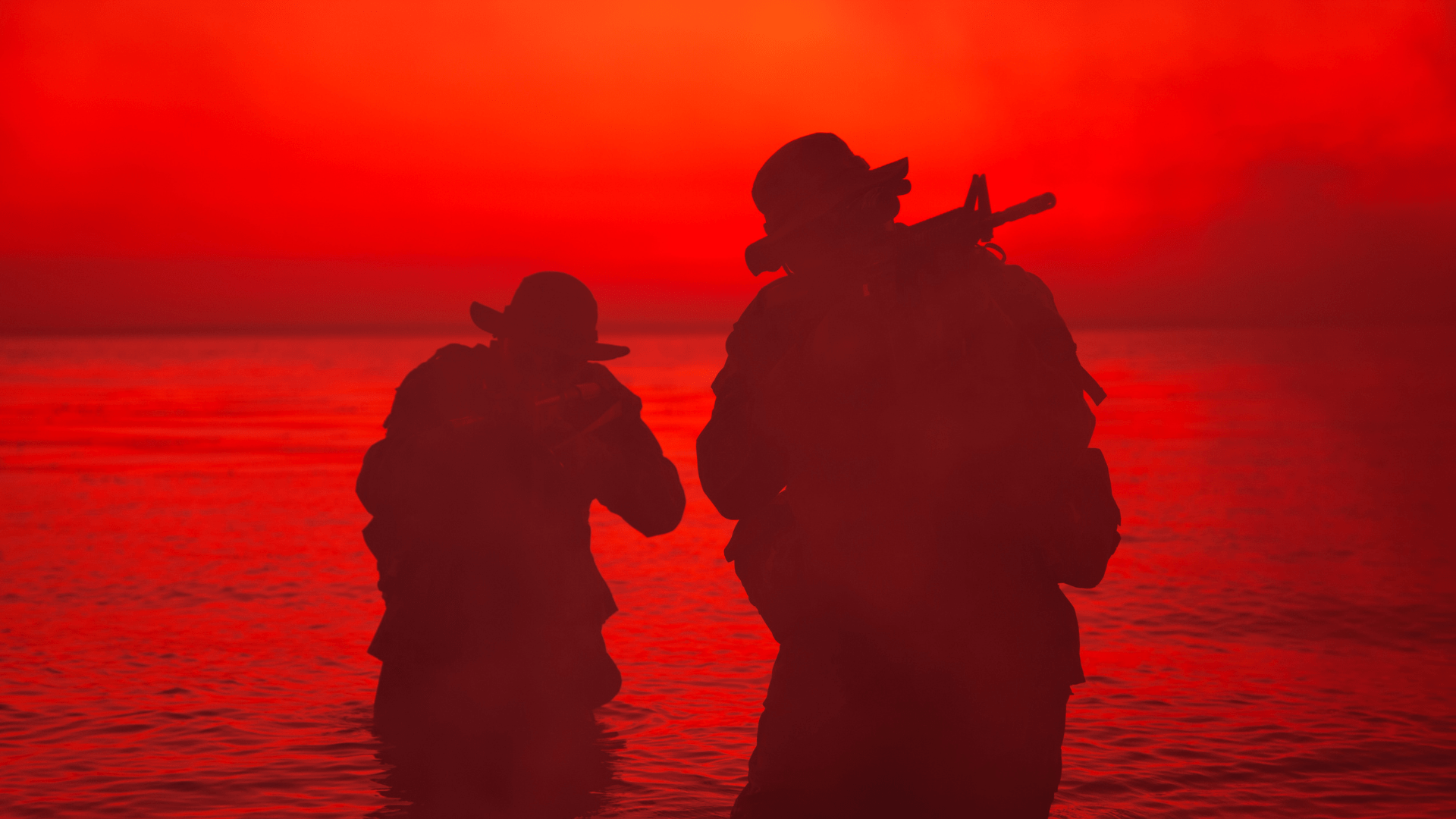 soldiers at night in red lighting