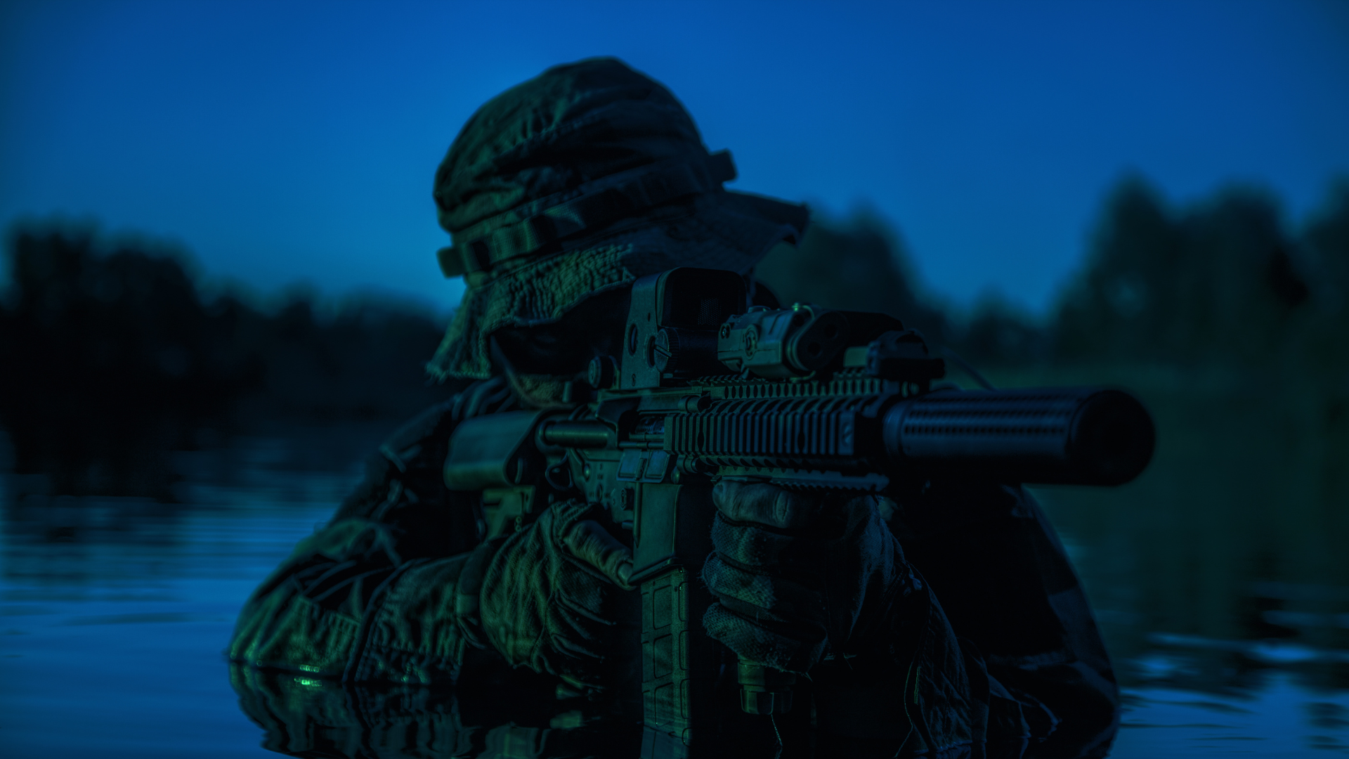 soldier at night in river night view