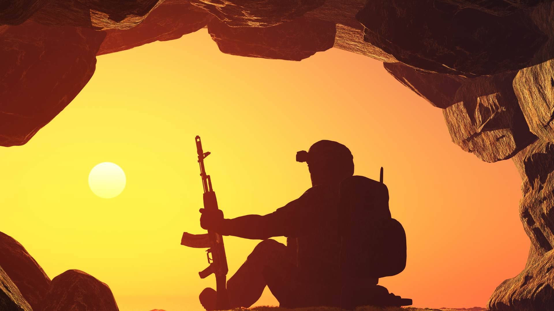 soldier sitting with ak-47 in sunset